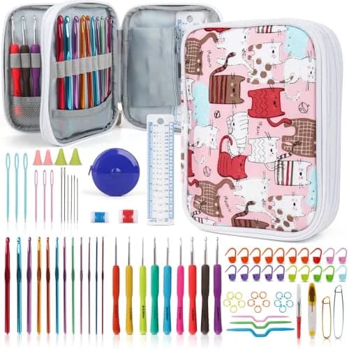Katech Ergonomic Crochet Hooks Set with Case, 85-Piece | Assorted Sizes 2mm-8mm — Cats Pattern