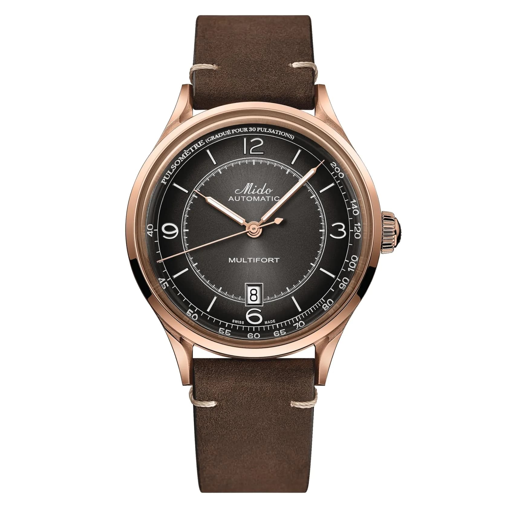 MIDO Multifort Patrimony Swiss Automatic Watch for Men - Black Dial - 40mm Stainless Steel Case with Rose Gold-Color PVD Coating - Brown Leather Strap