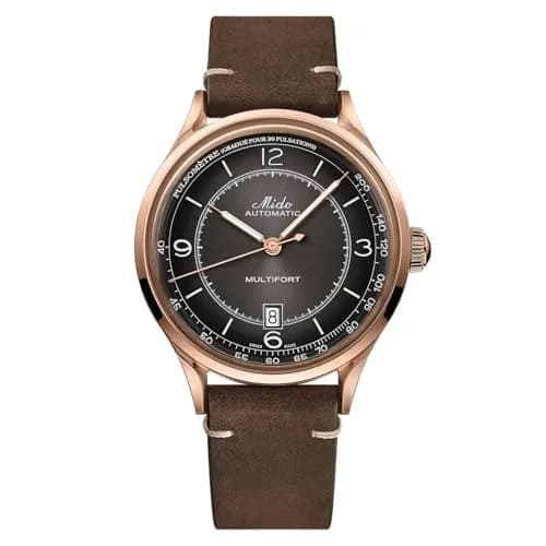 MIDO Multifort Patrimony Swiss Automatic Watch for Men - Black Dial - 40mm Stainless Steel Case with Rose Gold-Color PVD Coating - Brown Leather Strap thumbnail 1
