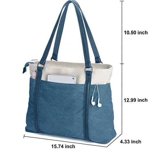 BAG WIZARD Laptop Tote Bag for Women, 15.6 Inch Blue Canvas Work Bag with Laptop Compartment and Zipper | 14 Liters Capacity thumbnail 4
