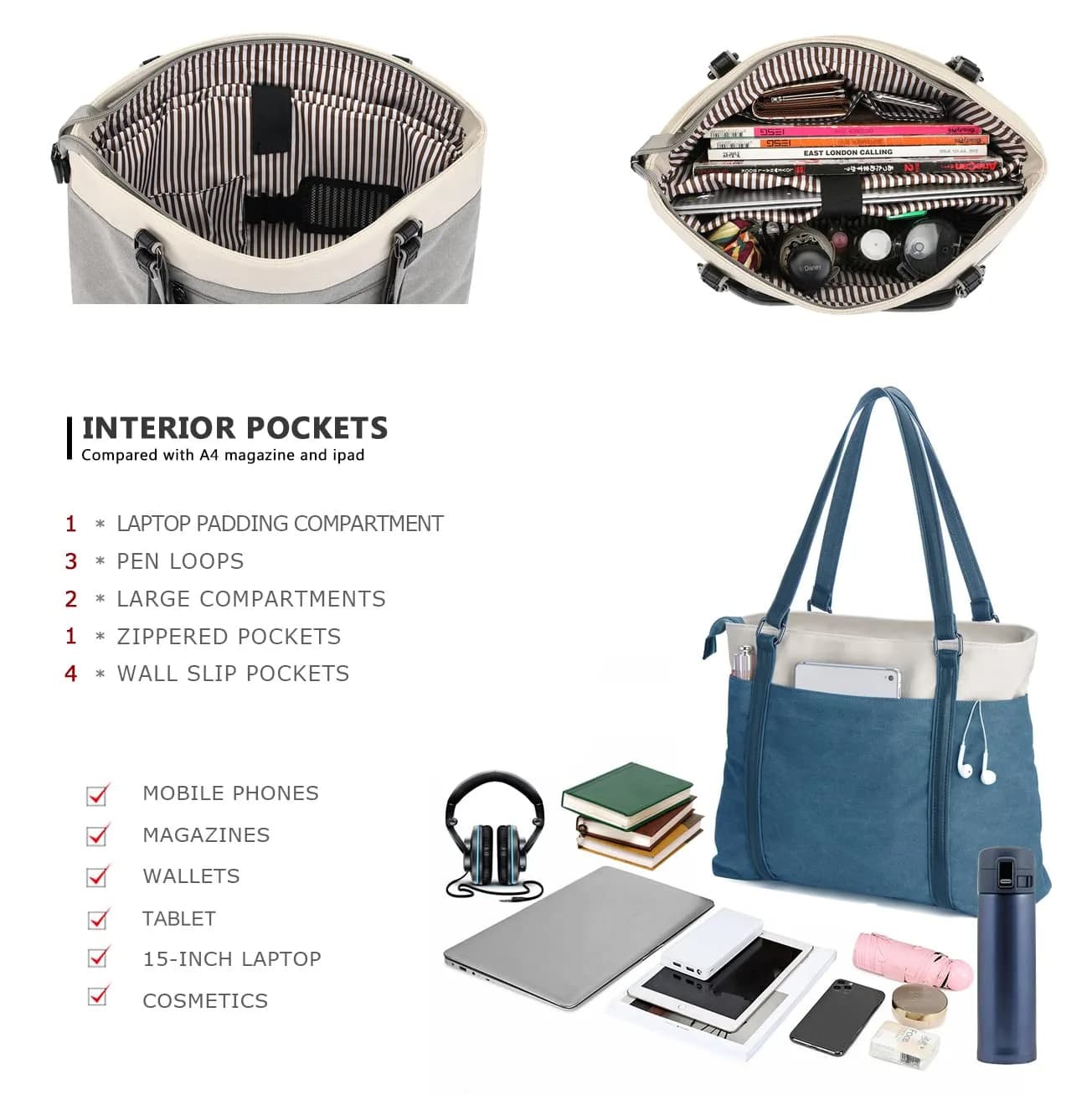 BAG WIZARD Laptop Tote Bag for Women, 15.6 Inch Blue Canvas Work Bag with Laptop Compartment and Zipper | 14 Liters Capacity - view 5