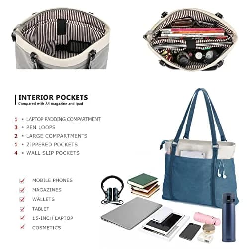 BAG WIZARD Laptop Tote Bag for Women, 15.6 Inch Blue Canvas Work Bag with Laptop Compartment and Zipper | 14 Liters Capacity thumbnail 5