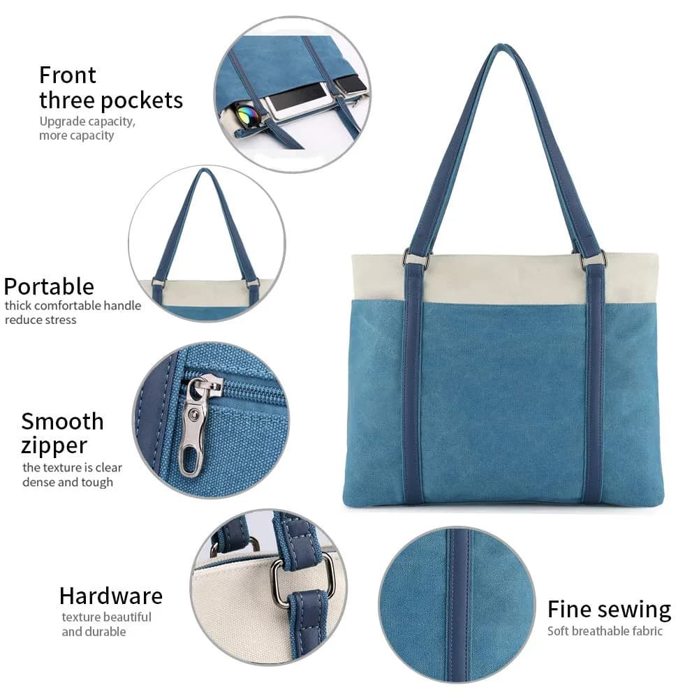 BAG WIZARD Laptop Tote Bag for Women, 15.6 Inch Blue Canvas Work Bag with Laptop Compartment and Zipper | 14 Liters Capacity - view 6
