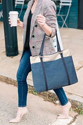 BAG WIZARD Laptop Tote Bag for Women, 15.6 Inch Blue Canvas Work Bag with Laptop Compartment and Zipper | 14 Liters Capacity thumbnail 2
