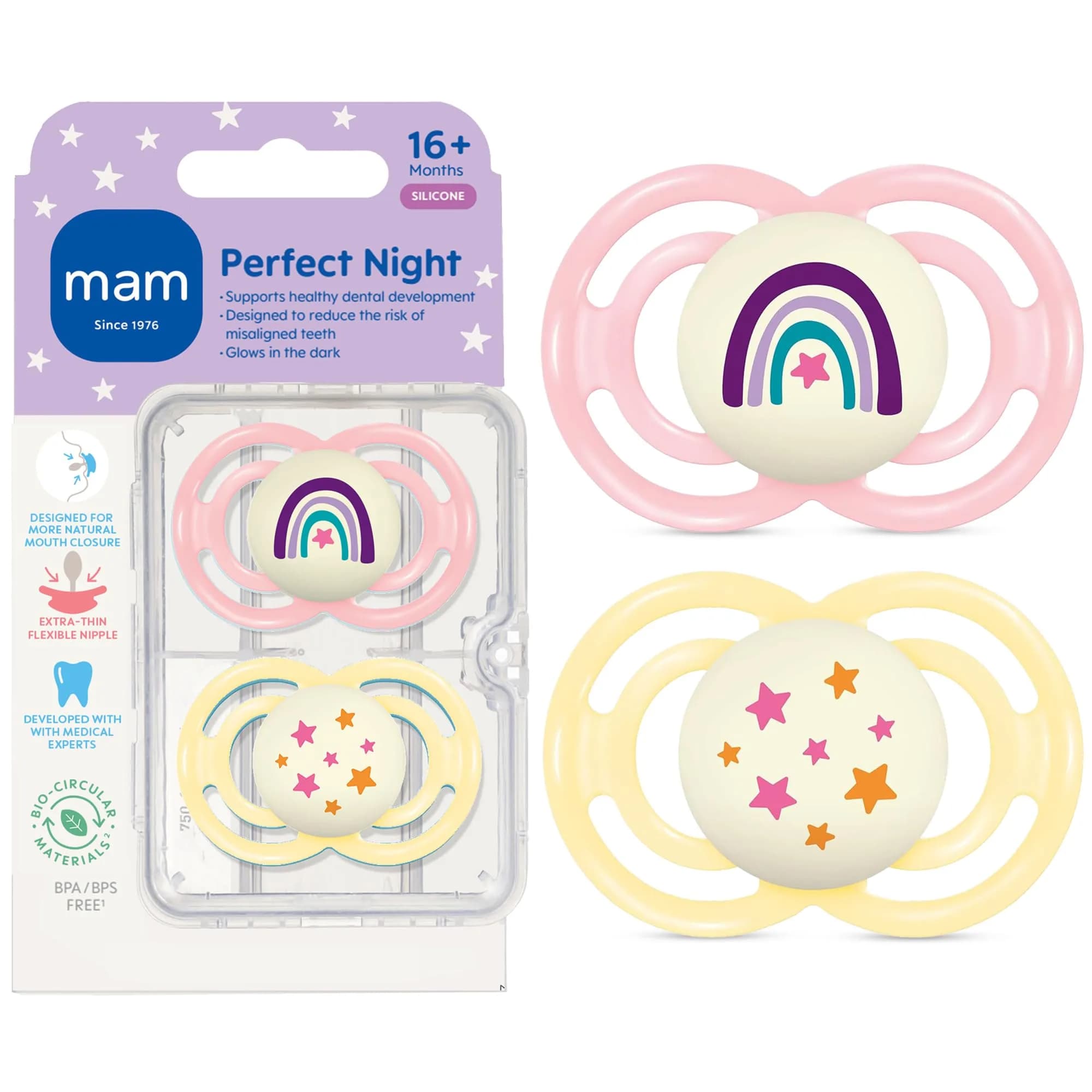 MAM Perfect Baby Premium Pacifier 16+ Months, Extra Thin Nipple, 2 Count | Developed with Orthodontists & Pediatric Dentists — Fairy Dust/Butter Yellow