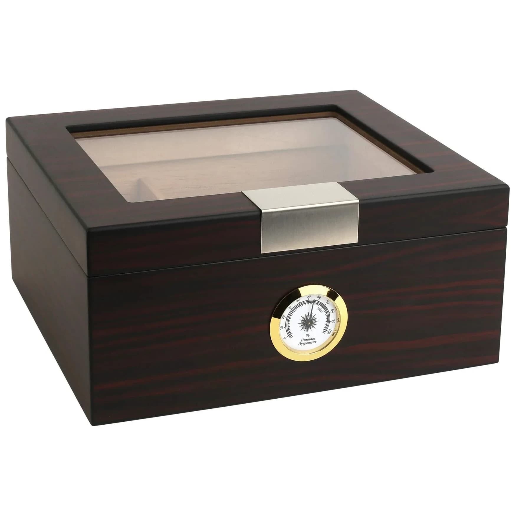 Mantello Cigars Premium Cigar Humidor for 25-50 Cigars - Walnut-Analog Glass Top Cedar Lined Box | Holds 25-50 Cigars - main product image