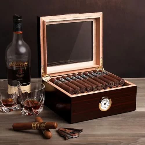 Mantello Cigars Premium Cigar Humidor for 25-50 Cigars - Walnut-Analog Glass Top Cedar Lined Box | Holds 25-50 Cigars thumbnail 4