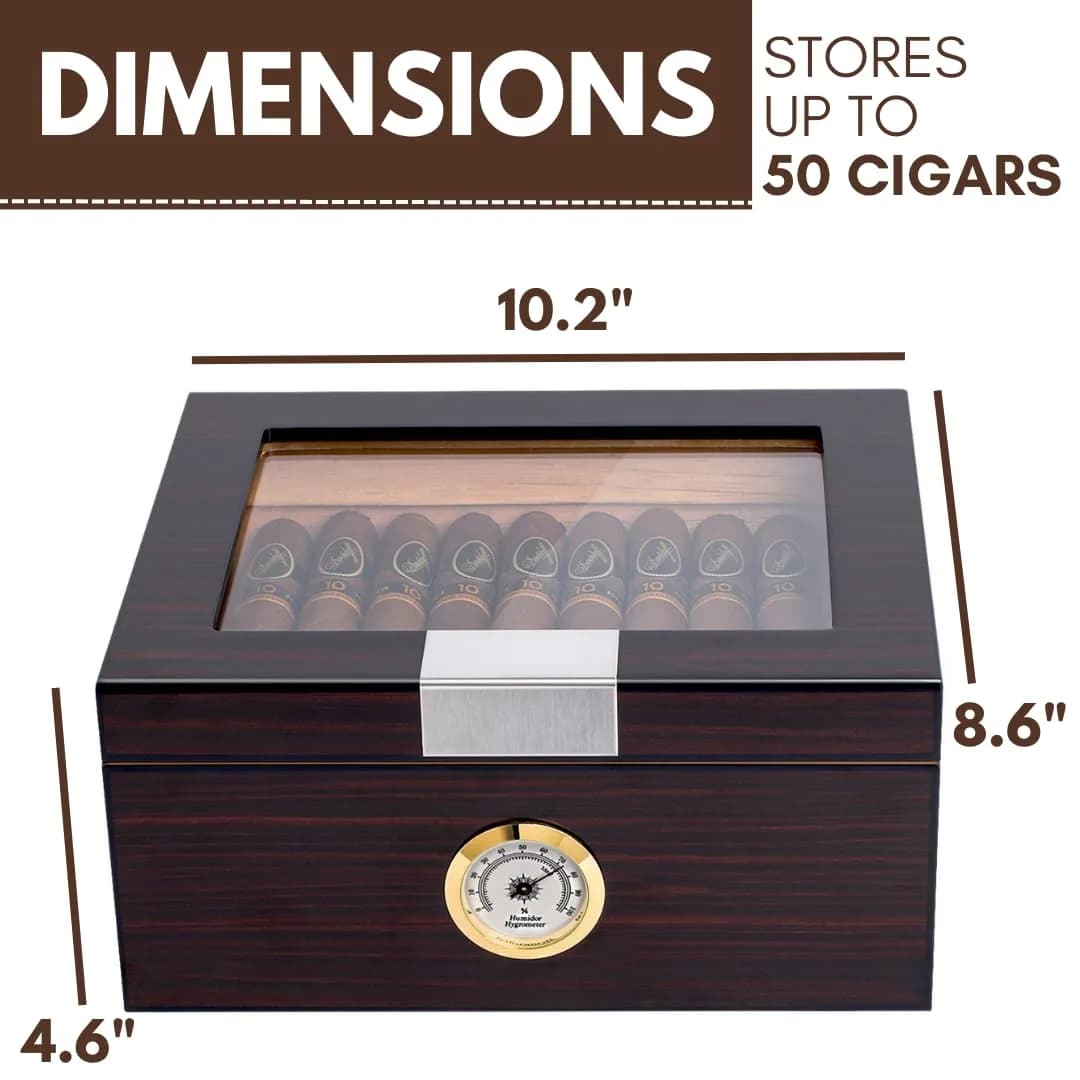 Mantello Cigars Premium Cigar Humidor for 25-50 Cigars - Walnut-Analog Glass Top Cedar Lined Box | Holds 25-50 Cigars - view 5