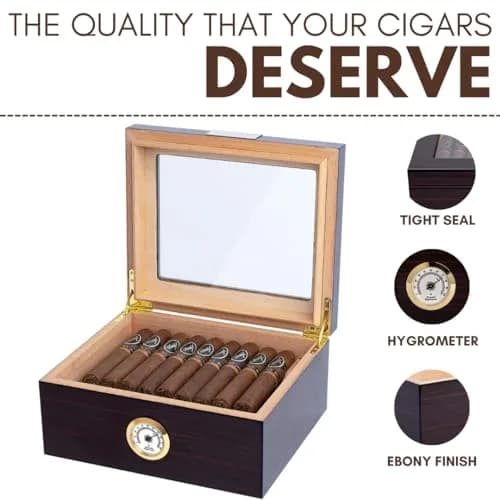 Mantello Cigars Premium Cigar Humidor for 25-50 Cigars - Walnut-Analog Glass Top Cedar Lined Box | Holds 25-50 Cigars thumbnail 6