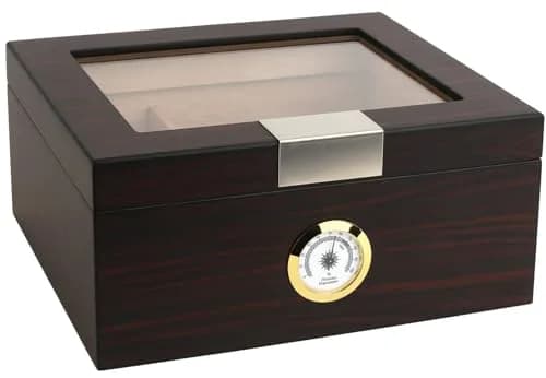 Mantello Cigars Premium Cigar Humidor for 25-50 Cigars - Walnut-Analog Glass Top Cedar Lined Box | Holds 25-50 Cigars thumbnail 1