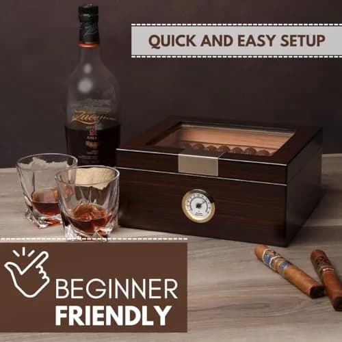 Mantello Cigars Premium Cigar Humidor for 25-50 Cigars - Walnut-Analog Glass Top Cedar Lined Box | Holds 25-50 Cigars thumbnail 7