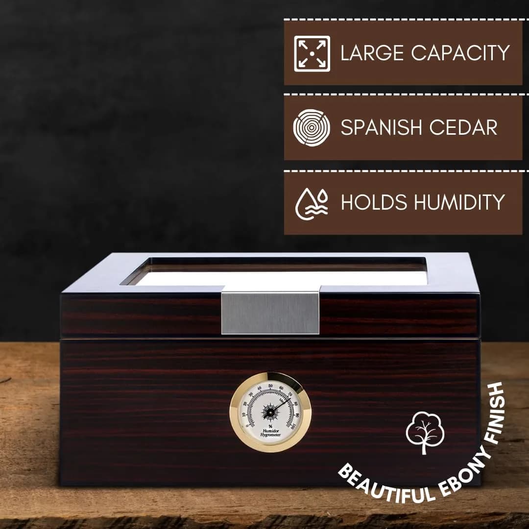 Mantello Cigars Premium Cigar Humidor for 25-50 Cigars - Walnut-Analog Glass Top Cedar Lined Box | Holds 25-50 Cigars - view 9