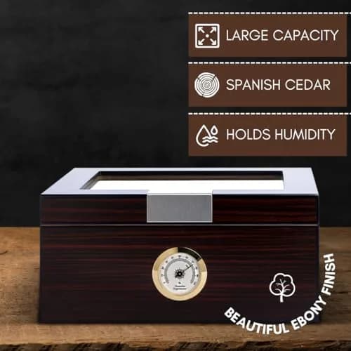 Mantello Cigars Premium Cigar Humidor for 25-50 Cigars - Walnut-Analog Glass Top Cedar Lined Box | Holds 25-50 Cigars thumbnail 9