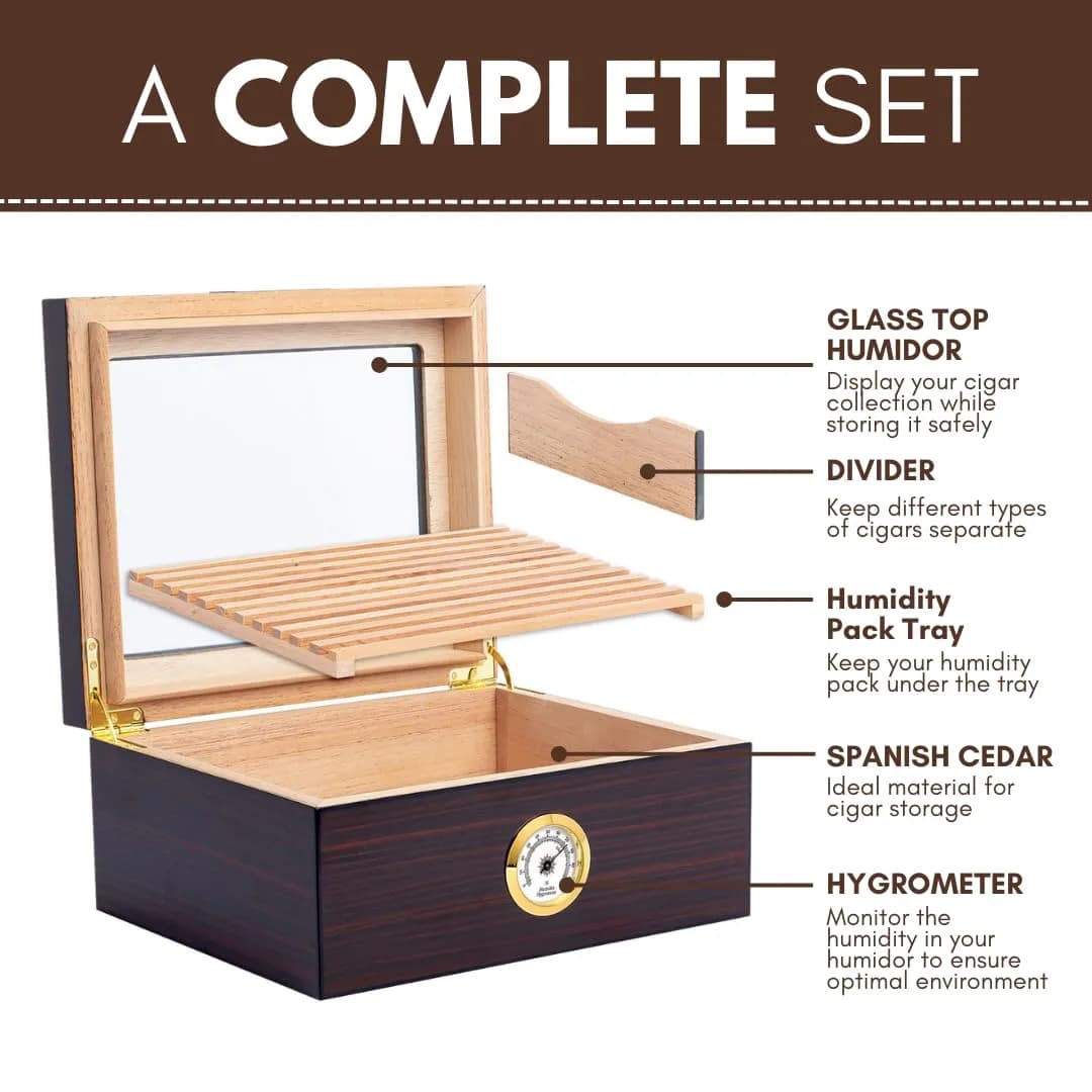 Mantello Cigars Premium Cigar Humidor for 25-50 Cigars - Walnut-Analog Glass Top Cedar Lined Box | Holds 25-50 Cigars - view 3
