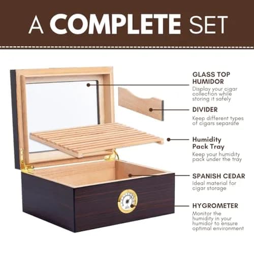 Mantello Cigars Premium Cigar Humidor for 25-50 Cigars - Walnut-Analog Glass Top Cedar Lined Box | Holds 25-50 Cigars thumbnail 3