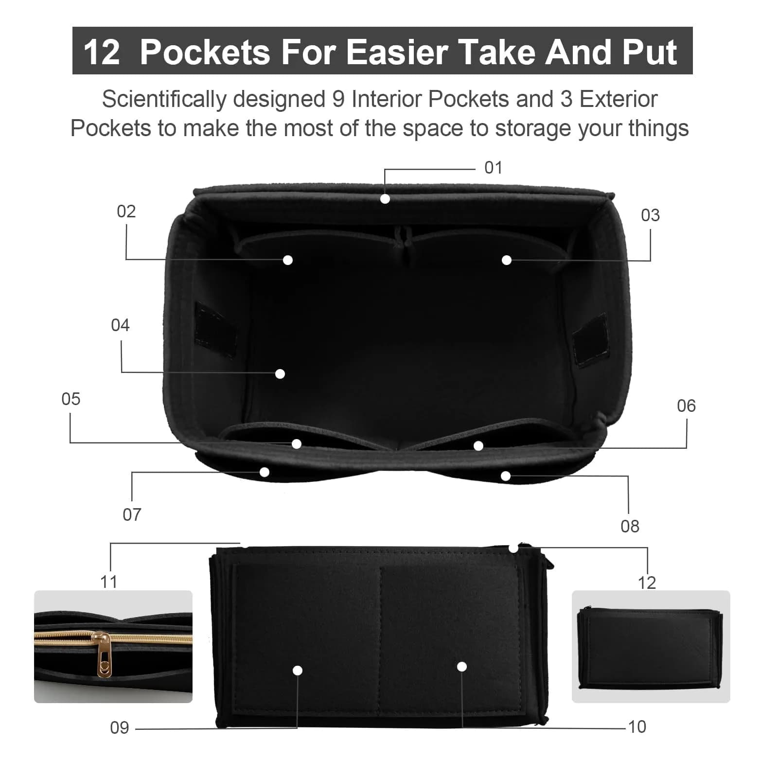 OMYSTYLE Grey Felt Tote Bag Organizer Insert with 13 Pockets | Medium Size 24.4cm x 12.9cm x 15cm - view 3