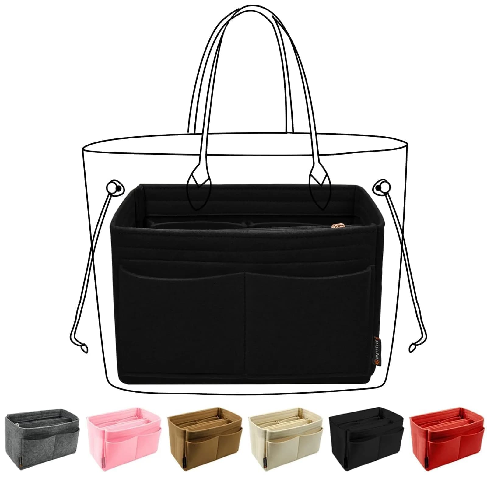 OMYSTYLE Grey Felt Tote Bag Organizer Insert with 13 Pockets | Medium Size 24.4cm x 12.9cm x 15cm — Black / Medium