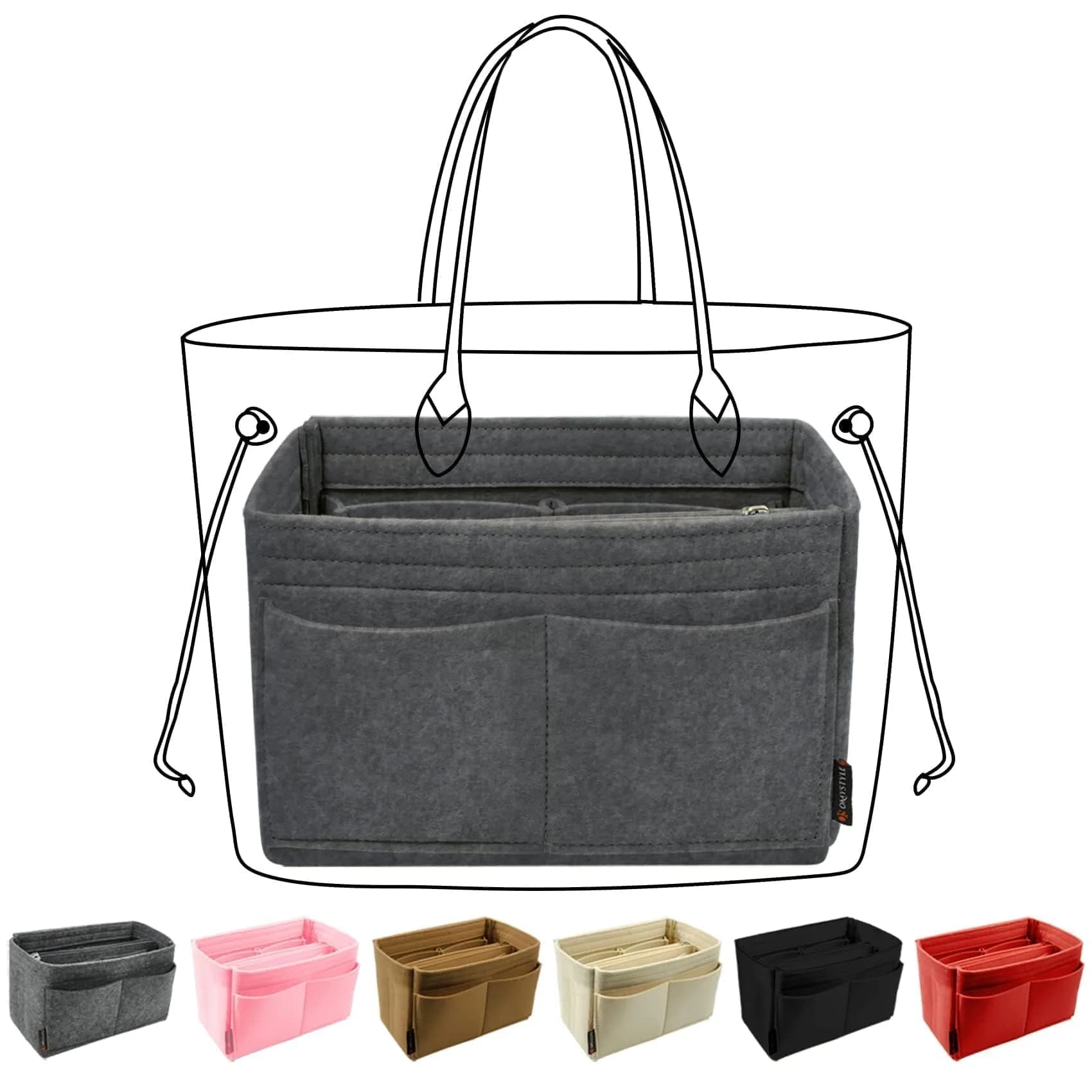 OMYSTYLE Grey Felt Tote Bag Organizer Insert with 13 Pockets | Medium Size 24.4cm x 12.9cm x 15cm - main product image