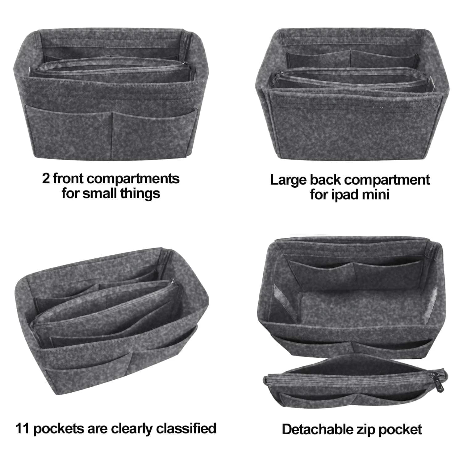 OMYSTYLE Grey Felt Tote Bag Organizer Insert with 13 Pockets | Medium Size 24.4cm x 12.9cm x 15cm - view 5