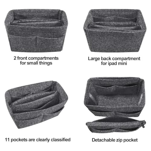 OMYSTYLE Grey Felt Tote Bag Organizer Insert with 13 Pockets | Medium Size 24.4cm x 12.9cm x 15cm thumbnail 5
