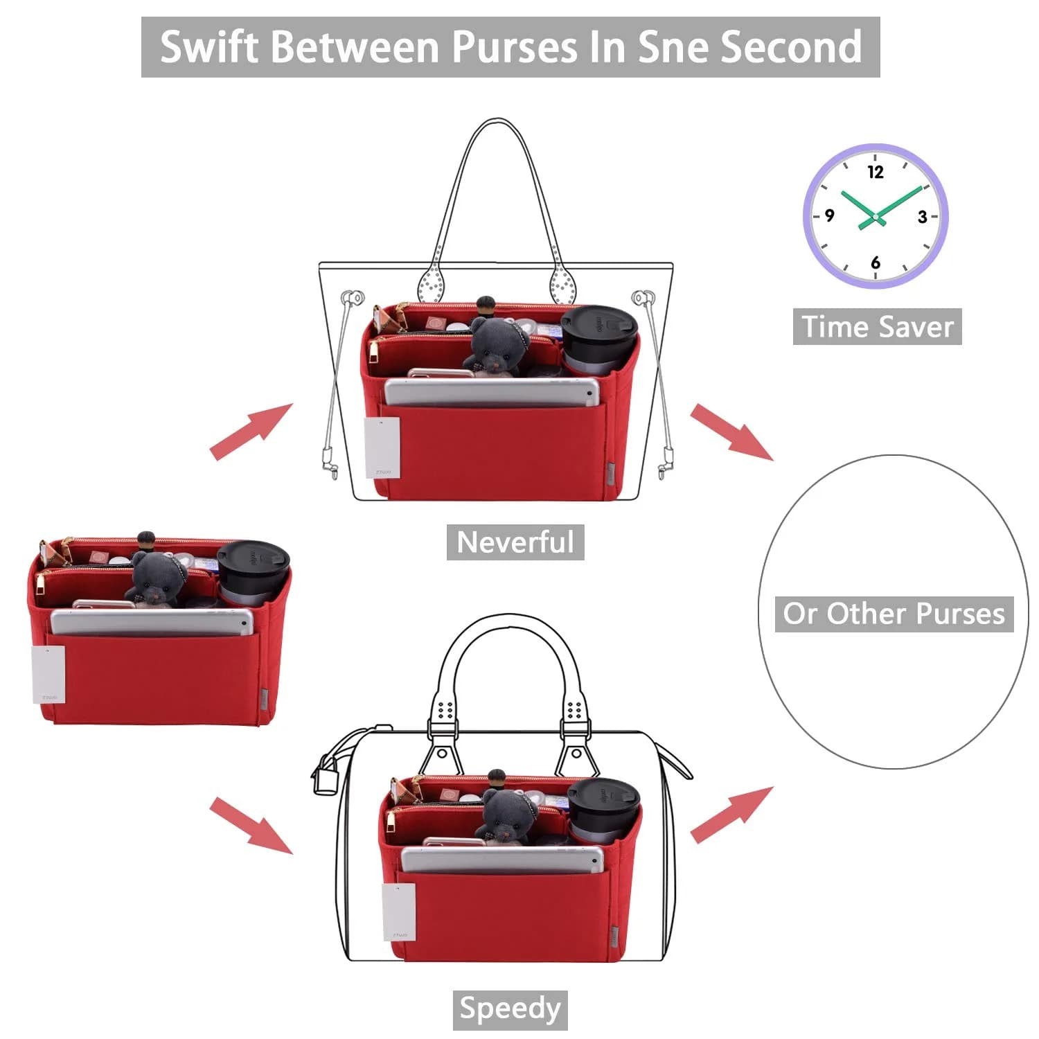 ZTUJO Purse Organizer Felt Bag Insert for Speedy, Neverfull, Graceful | 5 Sizes, Red thumbnail 6