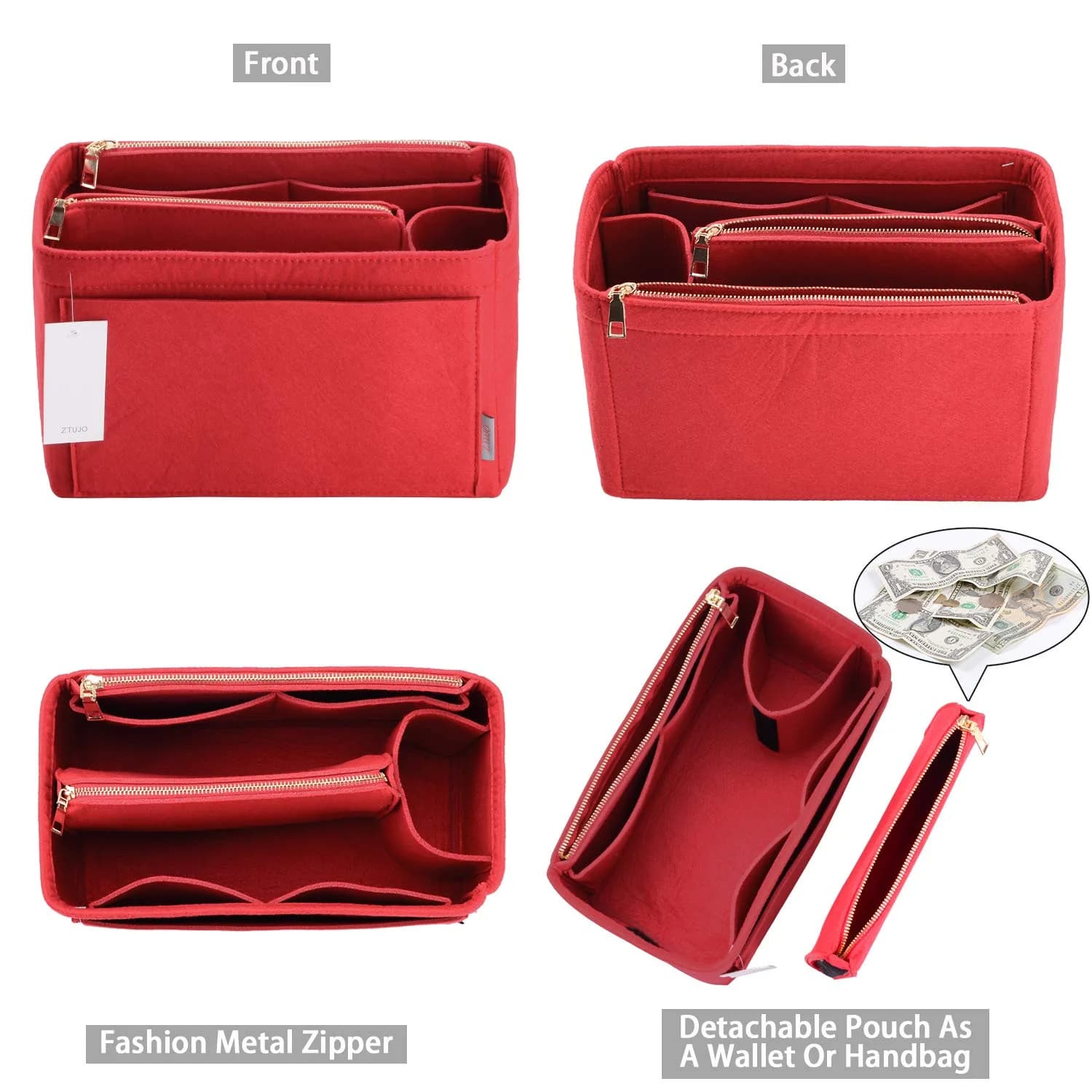 ZTUJO Purse Organizer Felt Bag Insert for Speedy, Neverfull, Graceful | 5 Sizes, Red thumbnail 2
