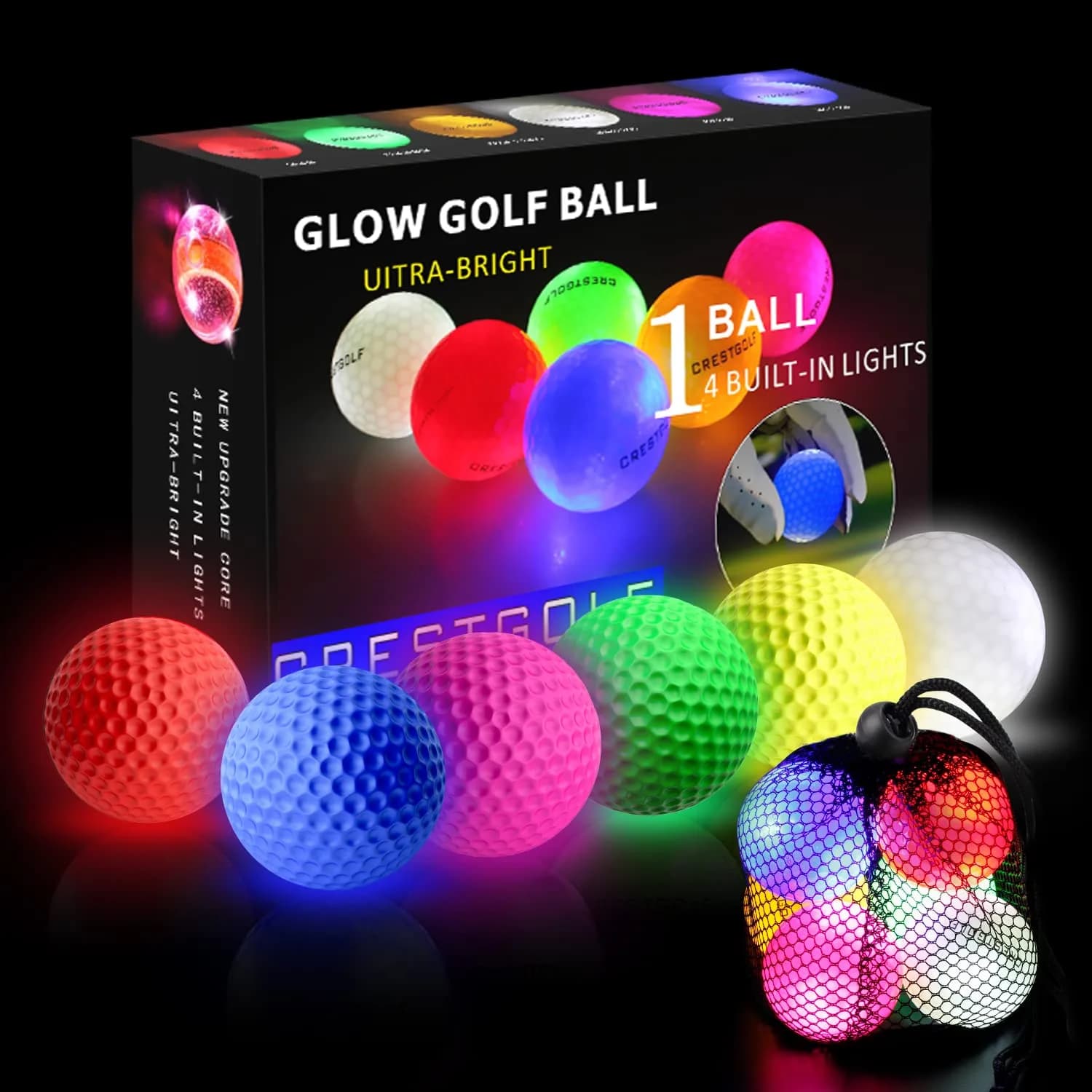 Crestgolf Glowing LED Golf Ball 6 Pack | Bright Night Glow for Golf Practice & Night Golf