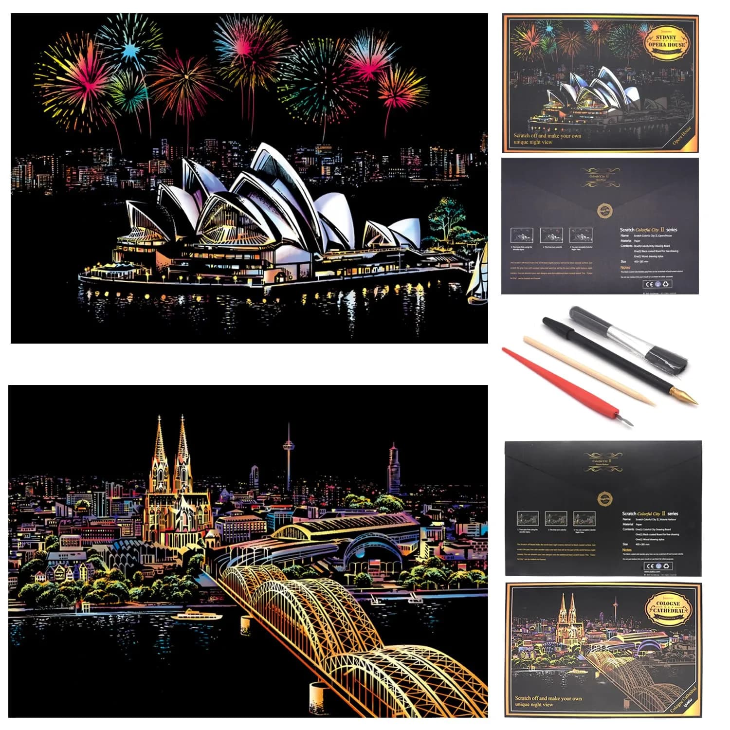 Boteen Scratch Rainbow Painting Art Paper Set with 4 Tools | 40.5cm x 28.5cm (16''x11'') — Sydney Opera House