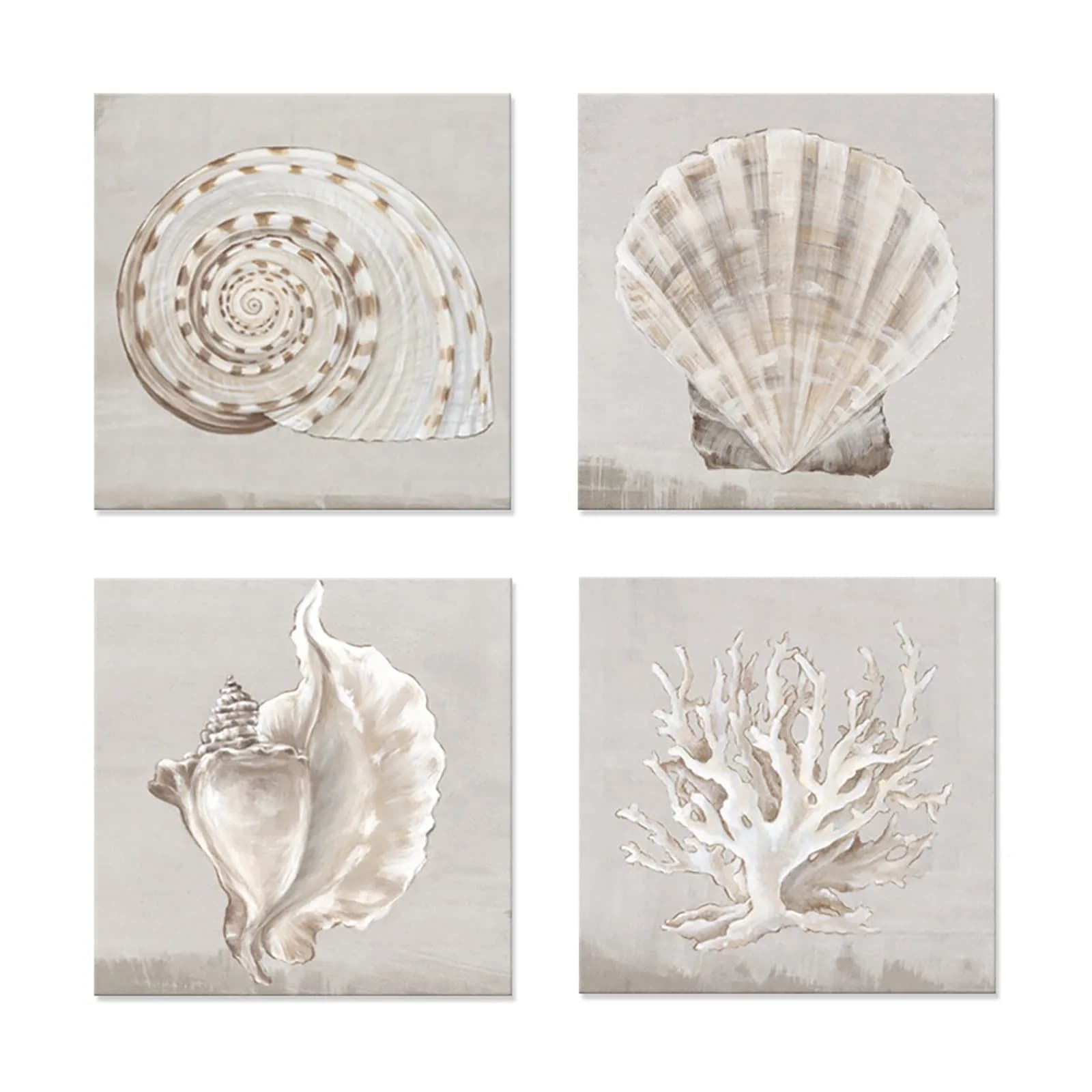 JAPO ART White Sea Shells Wall Art Set | Coastal Canvas Decor 12x12 inch x4 pcs