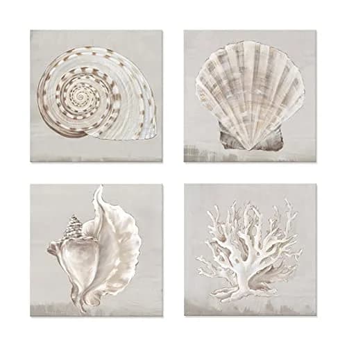JAPO ART White Sea Shells Wall Art Set | Coastal Canvas Decor 12x12 inch x4 pcs thumbnail 1