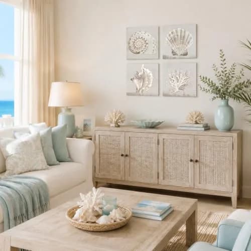 JAPO ART White Sea Shells Wall Art Set | Coastal Canvas Decor 12x12 inch x4 pcs thumbnail 4
