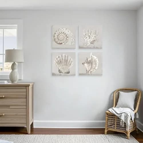 JAPO ART White Sea Shells Wall Art Set | Coastal Canvas Decor 12x12 inch x4 pcs thumbnail 6