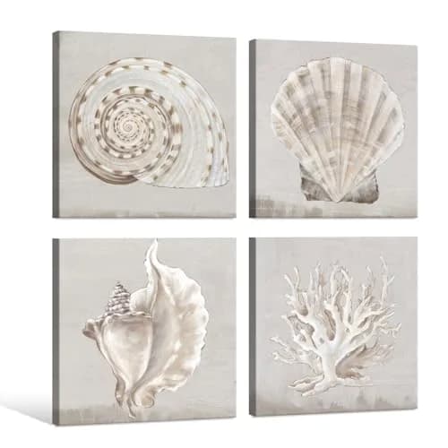 JAPO ART White Sea Shells Wall Art Set | Coastal Canvas Decor 12x12 inch x4 pcs thumbnail 2