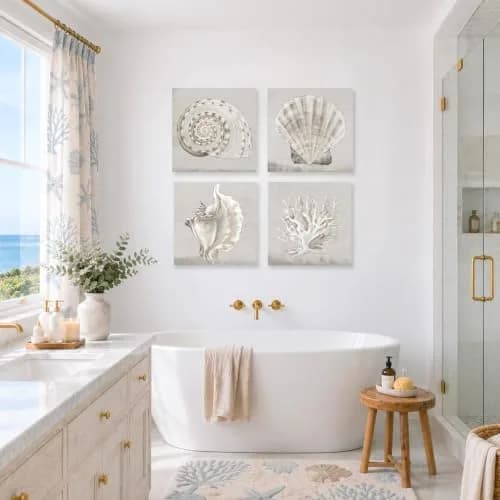 JAPO ART White Sea Shells Wall Art Set | Coastal Canvas Decor 12x12 inch x4 pcs thumbnail 3