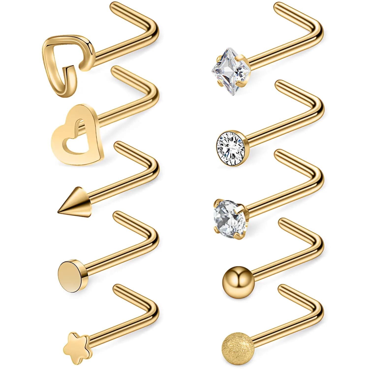 Ruifan Nose Piercing Jewelry 10PCS 20G Surgical Steel | Flat Ball, Heart, Star CZ Nose Studs (0.8mm, 6.5mm Pin) — 10PCS - Gold