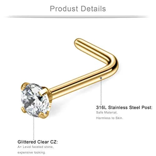 Ruifan Nose Piercing Jewelry 10PCS 20G Surgical Steel | Flat Ball, Heart, Star CZ Nose Studs (0.8mm, 6.5mm Pin) thumbnail 2
