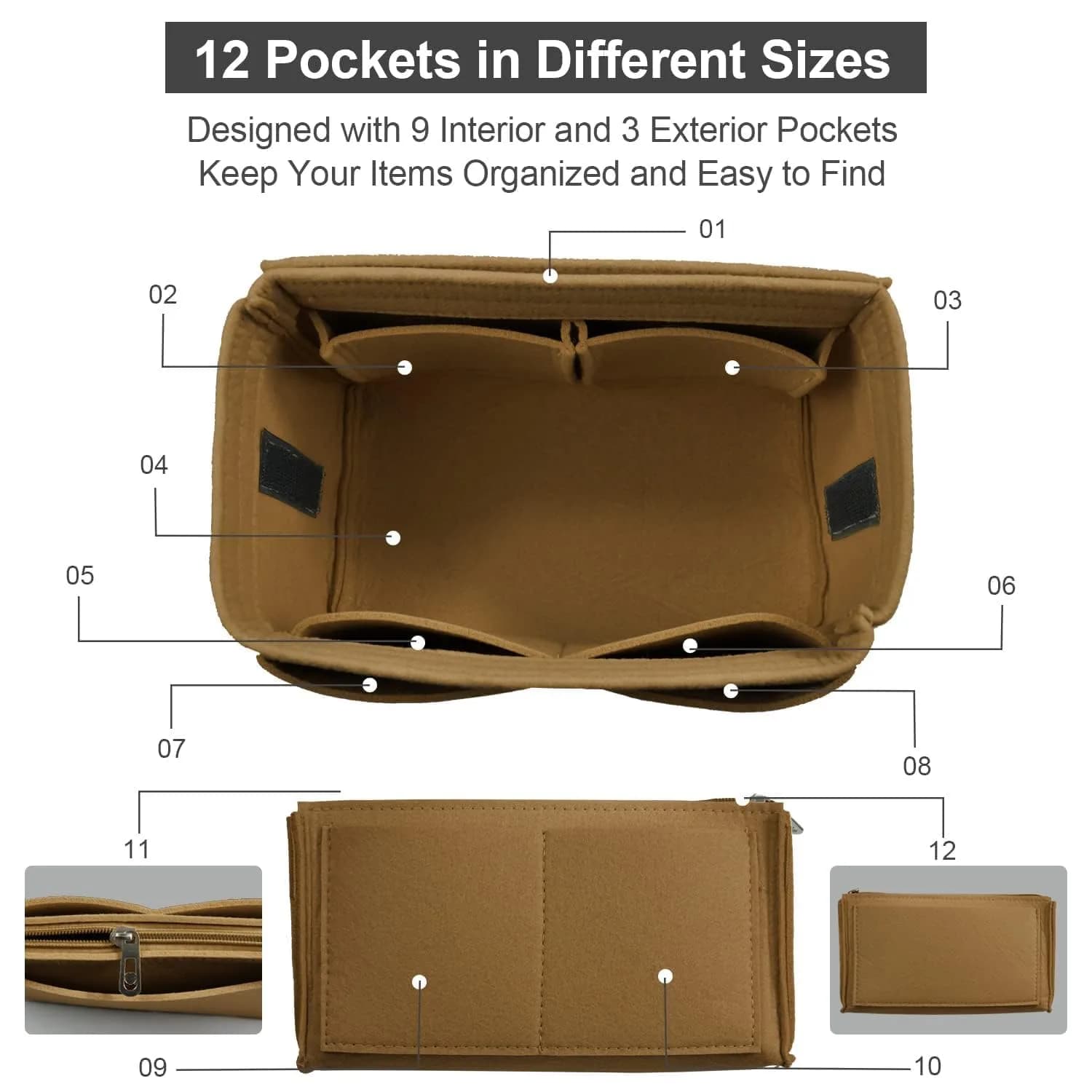 OMYSTYLE Brown Large Felt Tote Bag Organizer Insert with 13 Pockets | 30cm x 16cm x 16cm - view 3