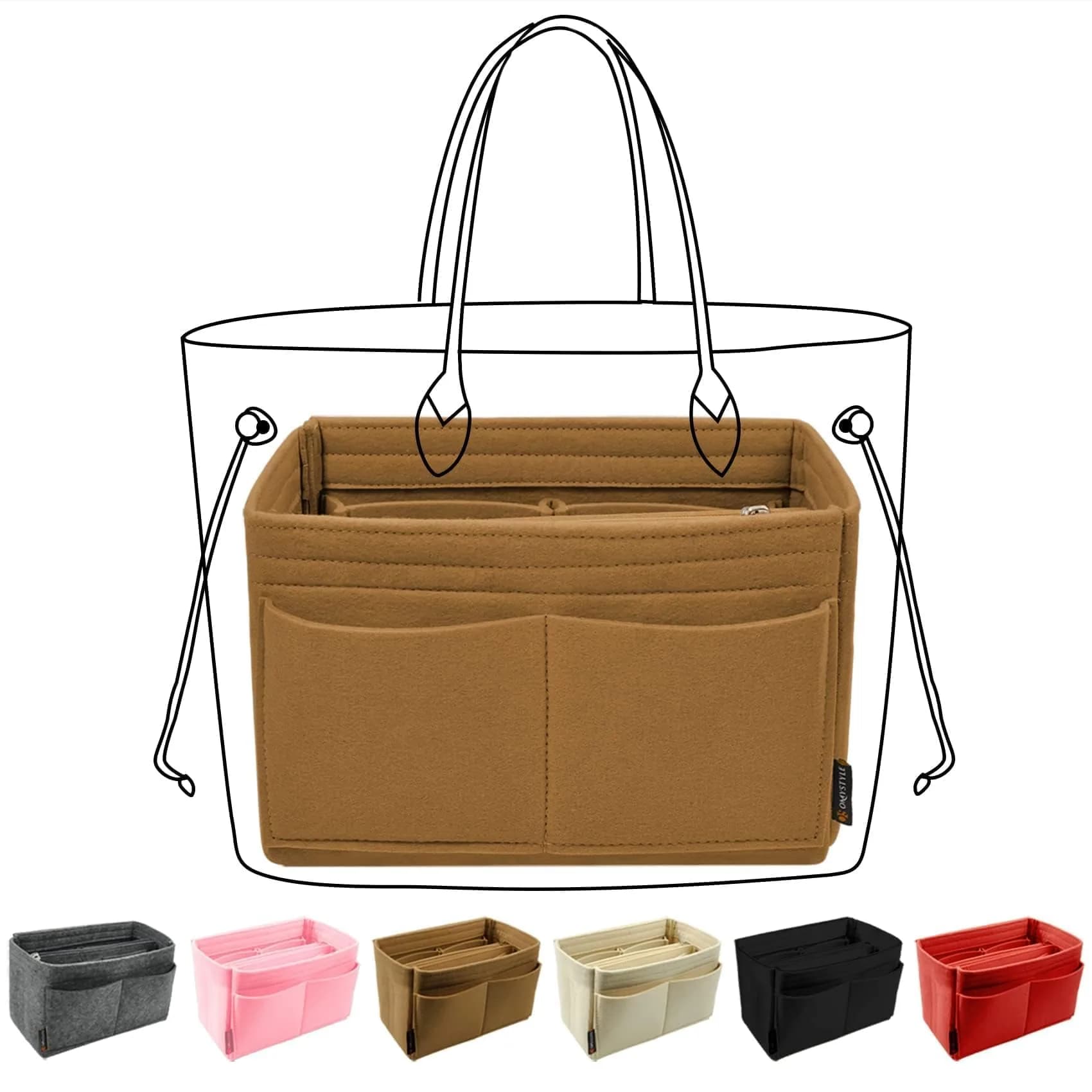 OMYSTYLE Brown X-Large Felt Tote Bag Organizer Insert with 13 Pockets | 24.4cm x 12.9cm x 15cm - main product image