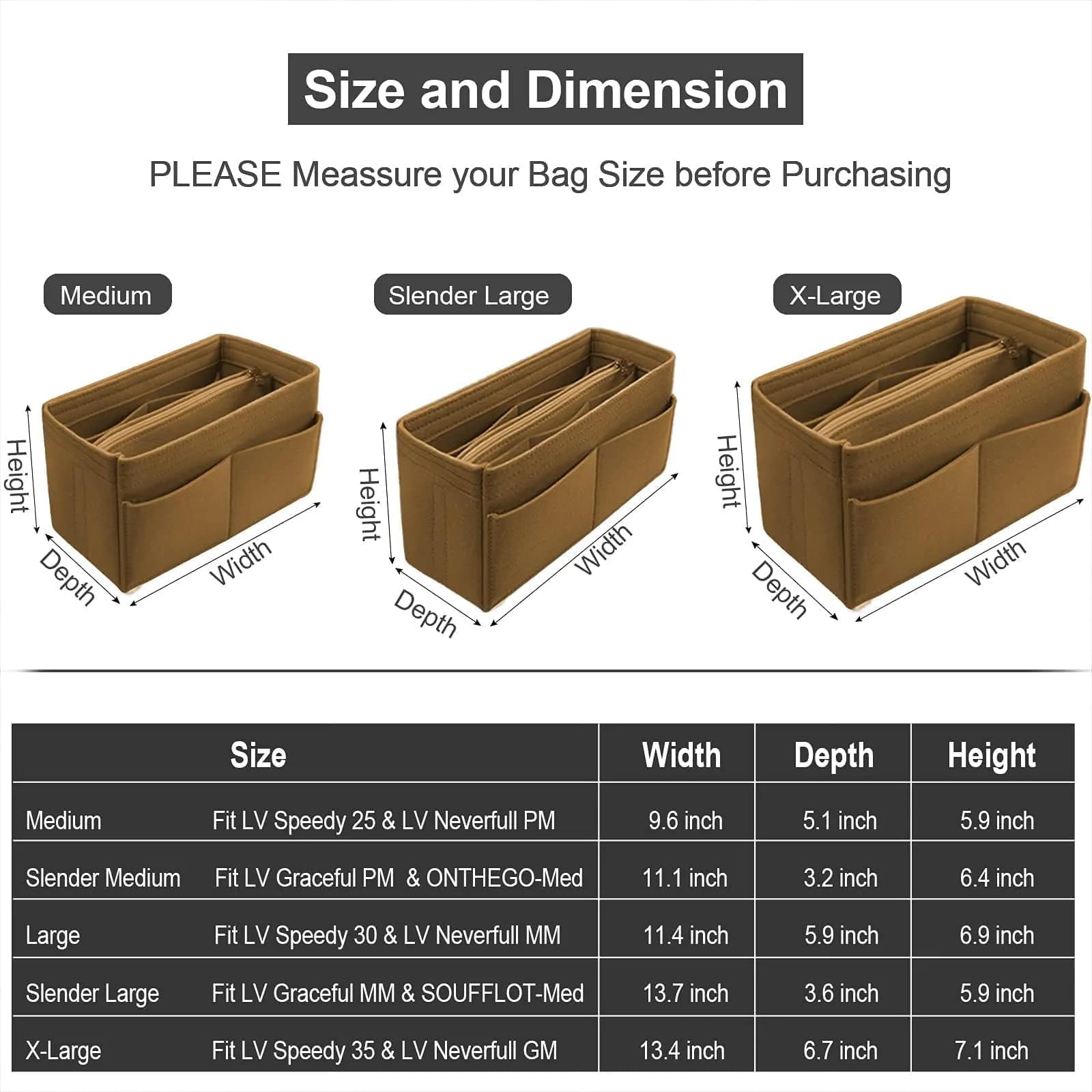 OMYSTYLE Brown X-Large Felt Tote Bag Organizer Insert with 13 Pockets | 24.4cm x 12.9cm x 15cm - view 2
