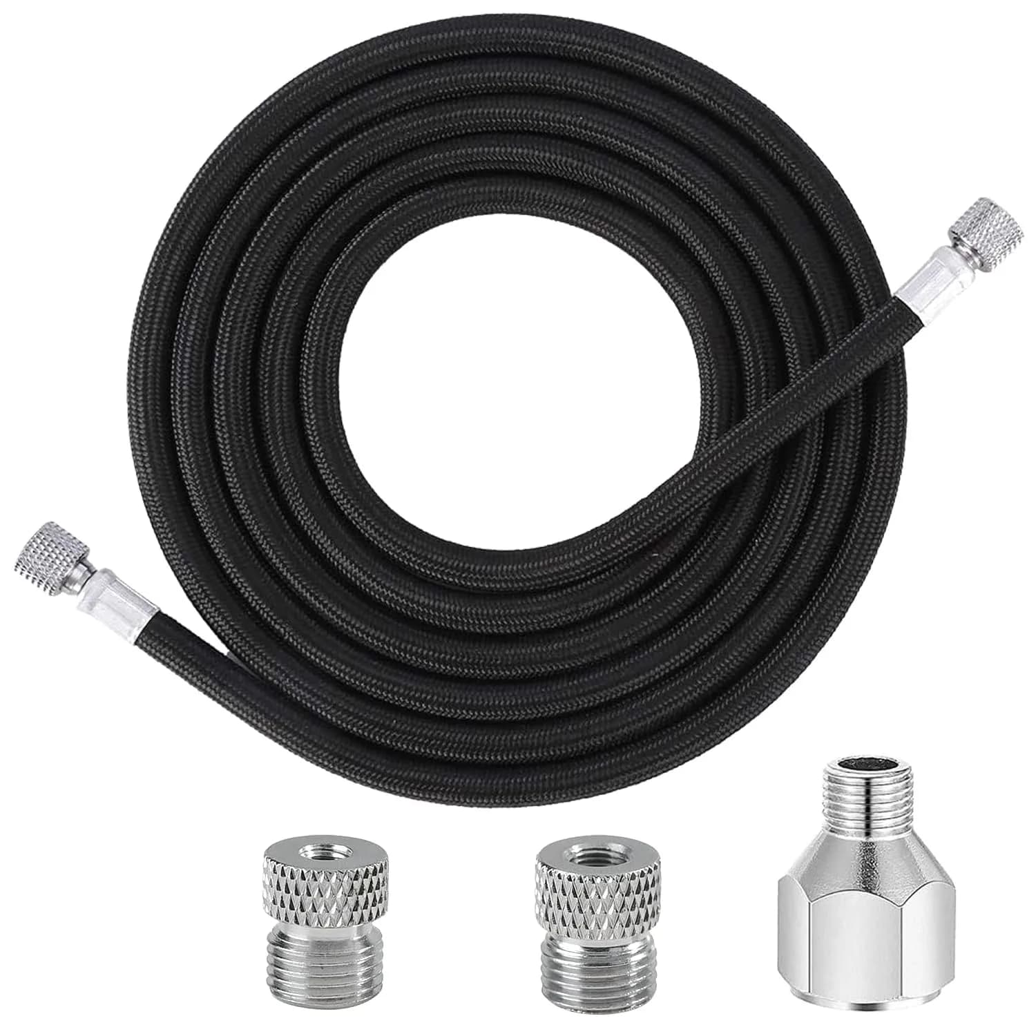 JOYABEST 6ft (1.8m) Braided Airbrush Hose Kit with 3 Adapters | Universal 1/8" BSP Connections & NPT/Badger/Paasche Conversion — Black