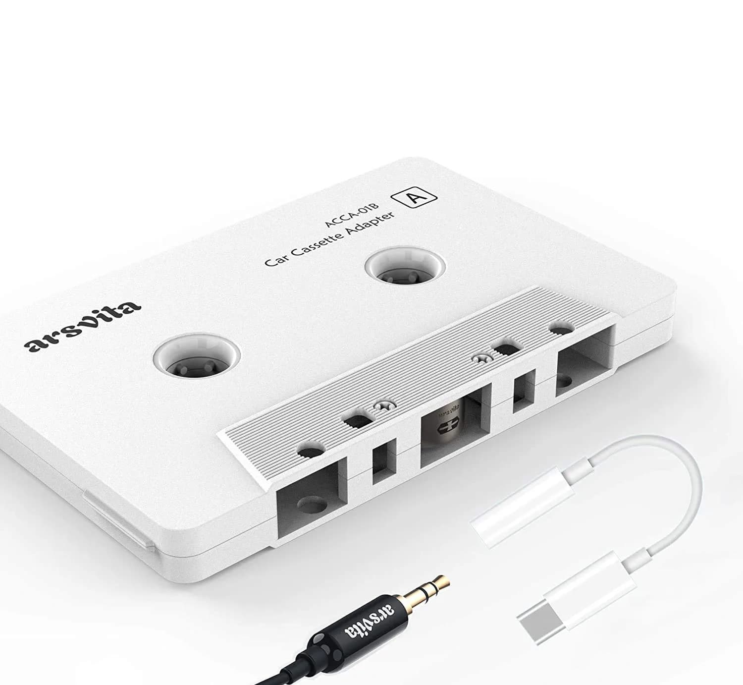 arsvita Car Audio aux Cassette Adapter and Type C to 3.5mm Aux Jack, Compatible for Google, Samsung, Xiaomi, Huawei Devices - White | Vintage Car Music Accessory — White