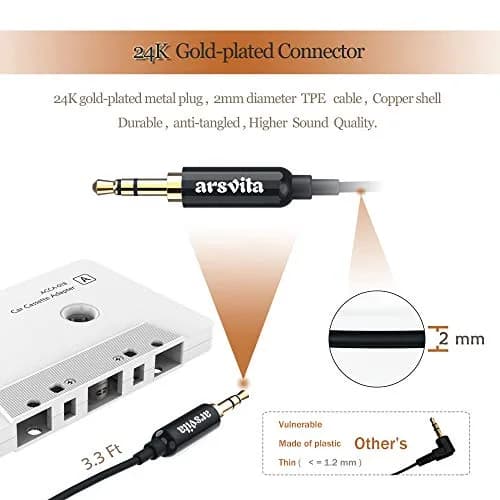 arsvita Car Audio aux Cassette Adapter and Type C to 3.5mm Aux Jack, Compatible for Google, Samsung, Xiaomi, Huawei Devices - White | Vintage Car Music Accessory thumbnail 4