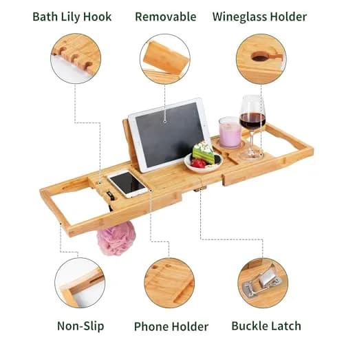 Utoplike Bamboo Bathtub Caddy Tray for Tub, Expandable Bath Table Trays | Adjustable, Durable Bamboo thumbnail 5