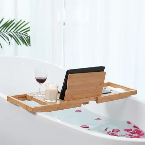 Utoplike Bamboo Bathtub Caddy Tray for Tub, Expandable Bath Table Trays | Adjustable, Durable Bamboo thumbnail 6