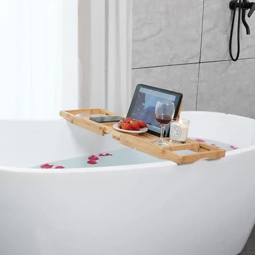 Utoplike Bamboo Bathtub Caddy Tray for Tub, Expandable Bath Table Trays | Adjustable, Durable Bamboo thumbnail 8