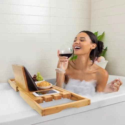 Utoplike Bamboo Bathtub Caddy Tray for Tub, Expandable Bath Table Trays | Adjustable, Durable Bamboo thumbnail 2