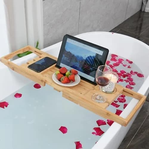 Utoplike Bamboo Bathtub Caddy Tray for Tub, Expandable Bath Table Trays | Adjustable, Durable Bamboo thumbnail 3