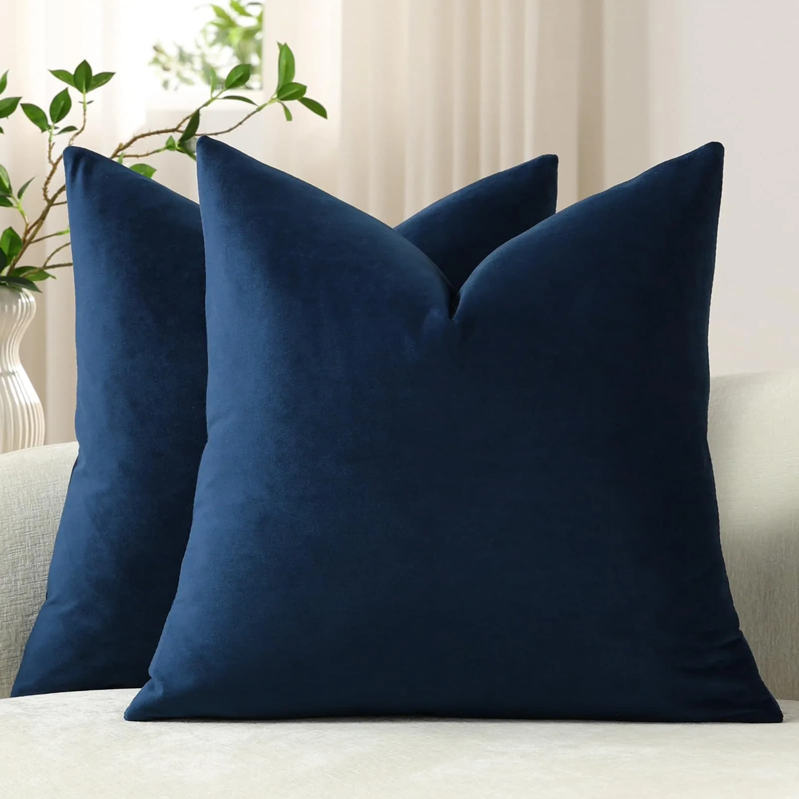 DEZENE 16x16 Midnight Blue Velvet Throw Pillow Covers Pack of 2 | Modern Luxury Home Decor