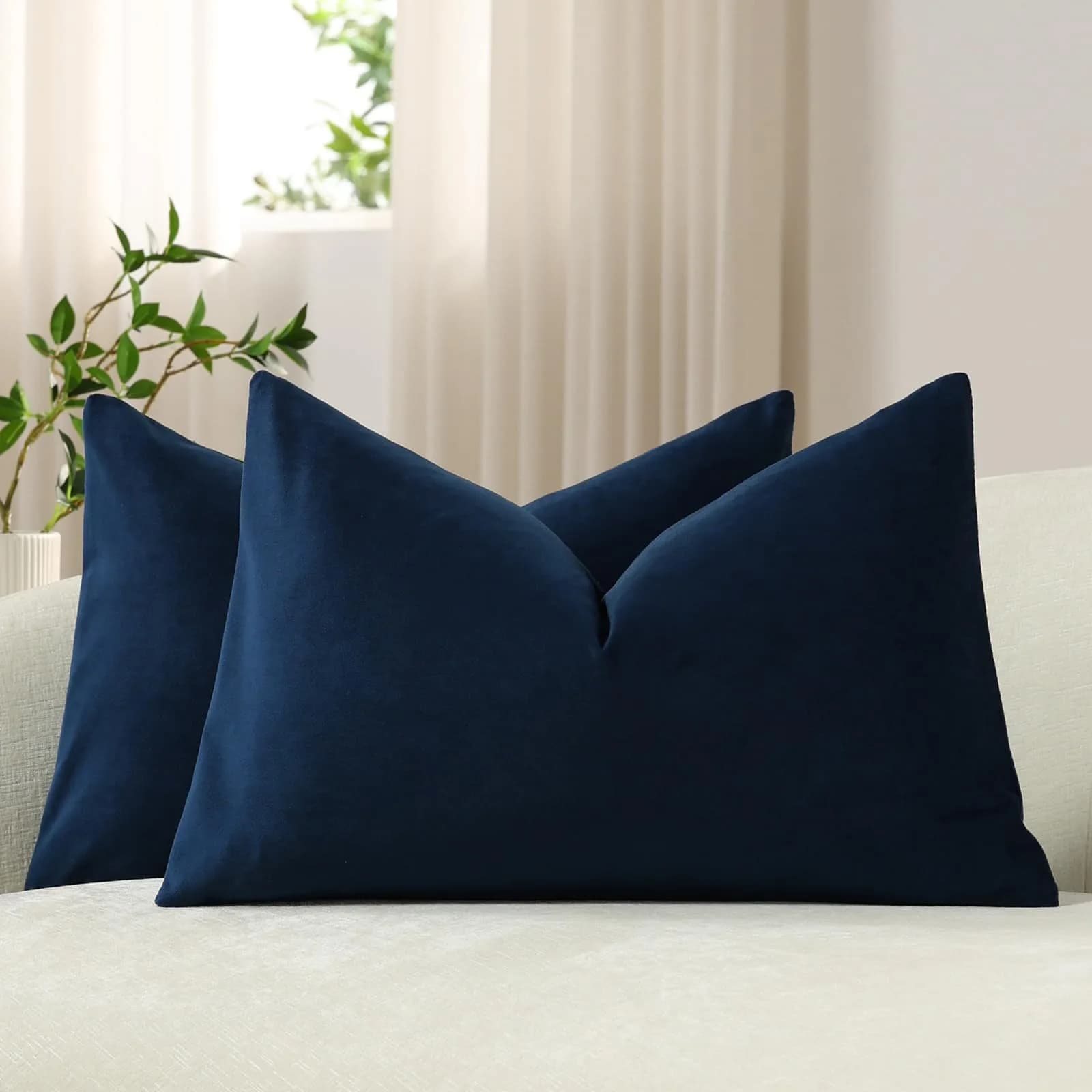 DEZENE Lumbar Pillow Covers 12x20 in Midnight Blue | Velvet Rectangular Decor for Sofa & Bed