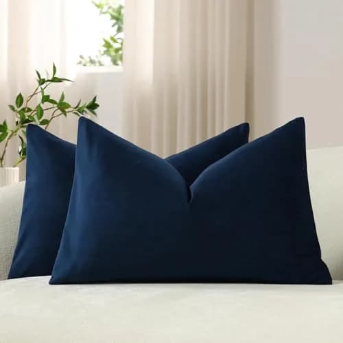 DEZENE Lumbar Pillow Covers 12x20 in Midnight Blue | Velvet Rectangular Decor for Sofa & Bed thumbnail 1
